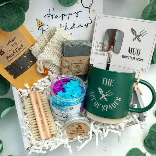 Mens Gift set with a mug, whipped soap, hand cream, soap, nail brush, beverage and soap bag, all targeted towards gardeners 