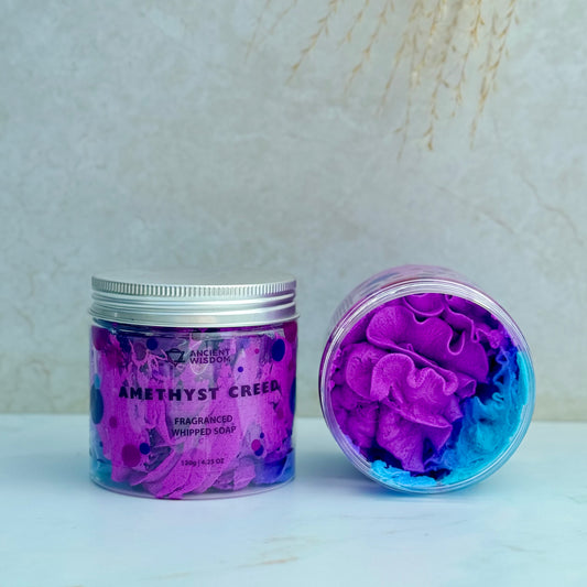 Amethyst Creed 120g whipped soap jar with purple and blue soap. Scent inspired by Creed aventus