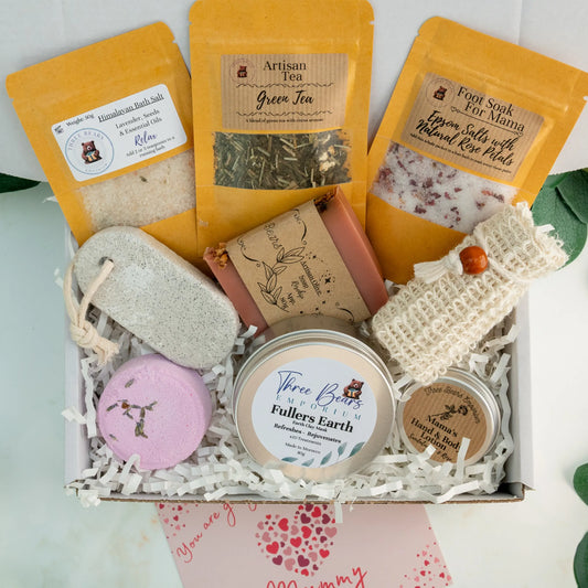 Mum to be hamper
filled with pamper items, like bath salts, foot soaks, soap, pumice stone, lotion, clay mask and shower steamer
