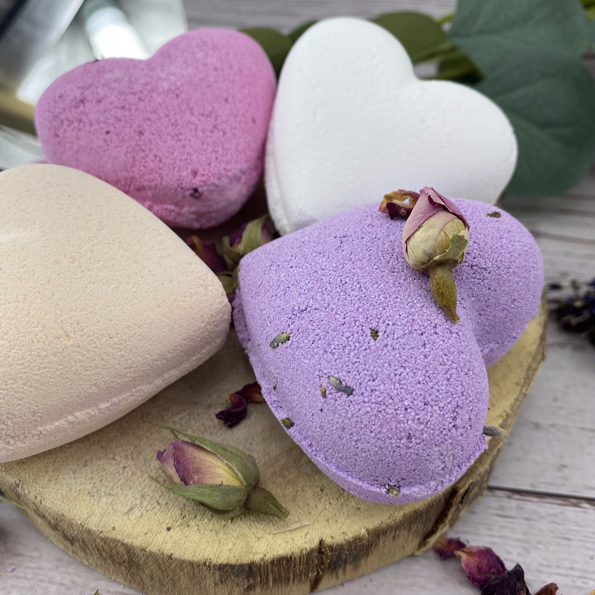 coconut, lavender, passion fruit & rose heart shaped bath bombs